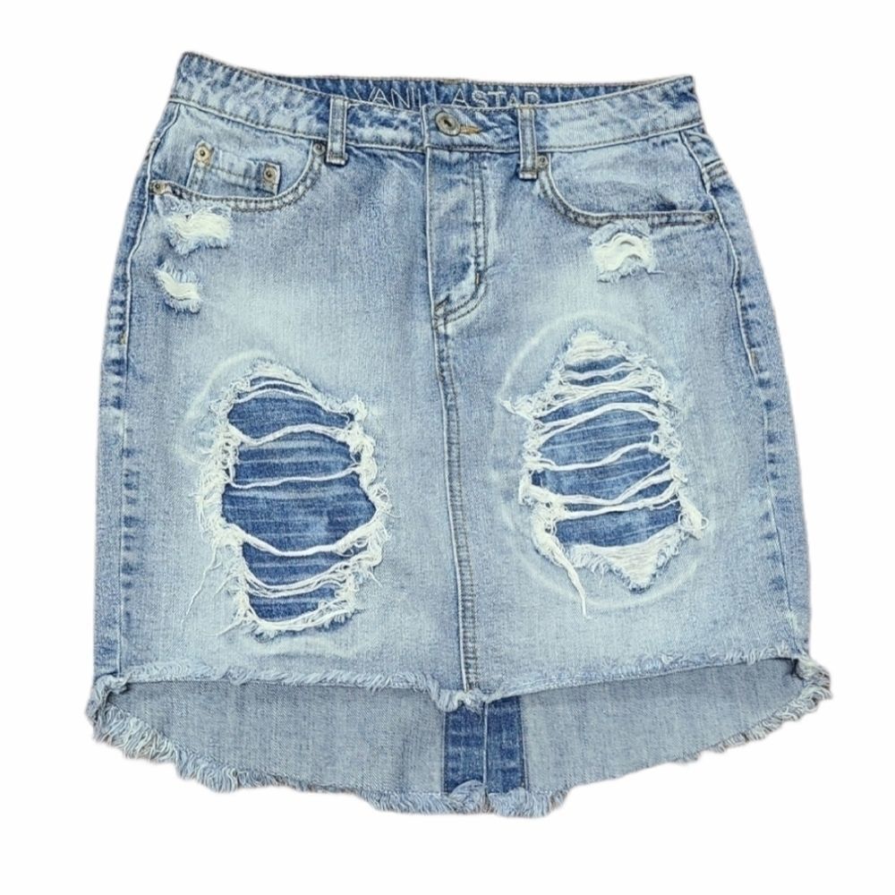 Vanilla Star Distressed Highlow Jean Skirt Size 8